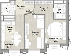 2-к квартира, вторичка, 63м2, 17/21 этаж