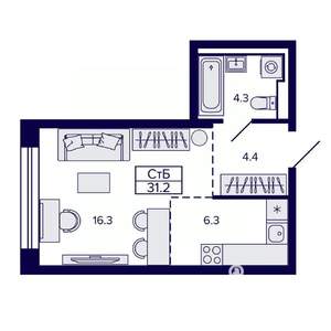 1-к квартира, строящийся дом, 31м2, 21/30 этаж