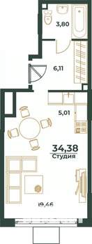 Студия квартира, вторичка, 34м2, 24/24 этаж