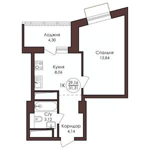 1-к квартира, вторичка, 31м2, 19/23 этаж