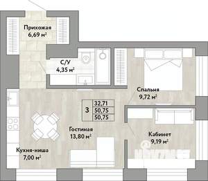 3-к квартира, вторичка, 51м2, 15/22 этаж