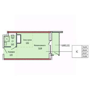 1-к квартира, строящийся дом, 29м2, 19/25 этаж
