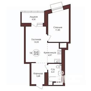 1-к квартира, вторичка, 43м2, 16/23 этаж