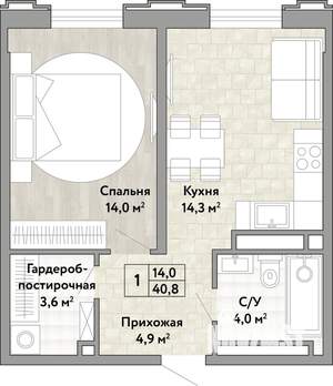 1-к квартира, вторичка, 41м2, 7/21 этаж