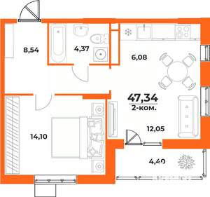 2-к квартира, вторичка, 47м2, 8/10 этаж