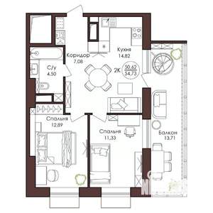 2-к квартира, вторичка, 55м2, 7/23 этаж
