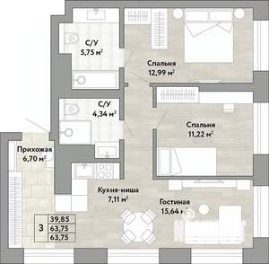 3-к квартира, вторичка, 64м2, 2/22 этаж