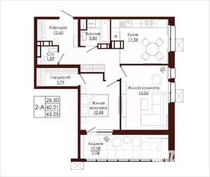 2-к квартира, вторичка, 65м2, 2/19 этаж