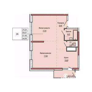 2-к квартира, строящийся дом, 61м2, 21/25 этаж