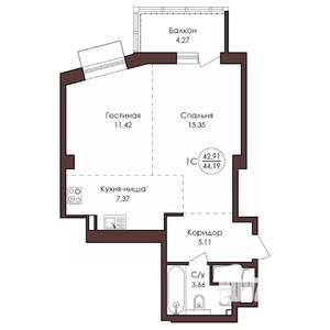 1-к квартира, вторичка, 44м2, 20/23 этаж
