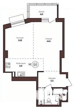 1-к квартира, строящийся дом, 44м2, 19/23 этаж