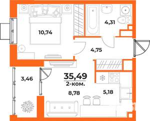 2-к квартира, вторичка, 35м2, 6/10 этаж