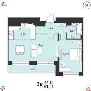 2-к квартира, строящийся дом, 61м2, 14/19 этаж