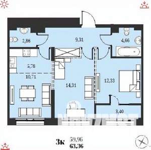 3-к квартира, строящийся дом, 63м2, 10/19 этаж