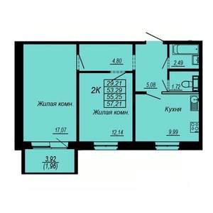 2-к квартира, строящийся дом, 55м2, 7/10 этаж