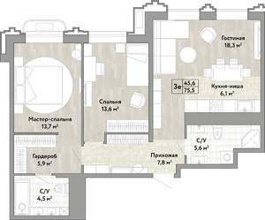 3-к квартира, вторичка, 76м2, 19/21 этаж