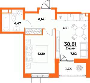 2-к квартира, вторичка, 39м2, 8/10 этаж