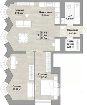 3-к квартира, вторичка, 73м2, 20/22 этаж