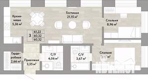 3-к квартира, вторичка, 60м2, 22/22 этаж