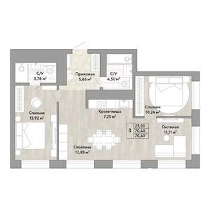3-к квартира, вторичка, 70м2, 2/22 этаж