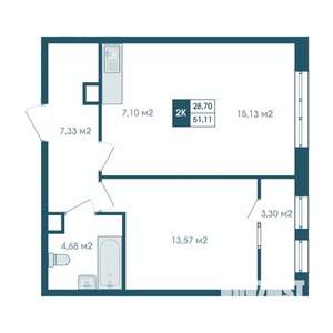 2-к квартира, строящийся дом, 51м2, 4/15 этаж