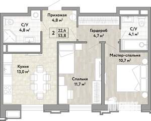 2-к квартира, вторичка, 54м2, 14/21 этаж