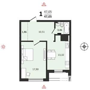 1-к квартира, строящийся дом, 47м2, 1/25 этаж