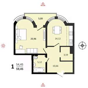 1-к квартира, строящийся дом, 59м2, 7/25 этаж
