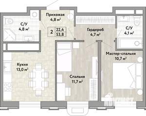 2-к квартира, вторичка, 54м2, 18/21 этаж