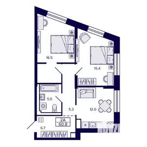 2-к квартира, строящийся дом, 61м2, 21/30 этаж