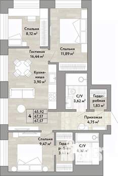 4-к квартира, вторичка, 68м2, 19/22 этаж