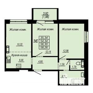 3-к квартира, строящийся дом, 56м2, 3/10 этаж
