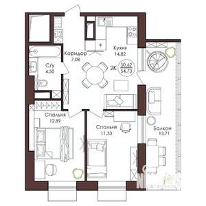 2-к квартира, вторичка, 55м2, 9/23 этаж