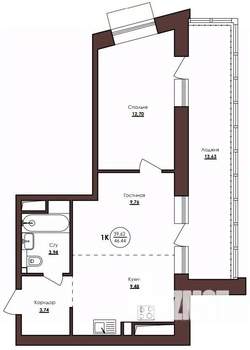 1-к квартира, строящийся дом, 46м2, 4/23 этаж