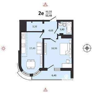 2-к квартира, строящийся дом, 52м2, 16/25 этаж