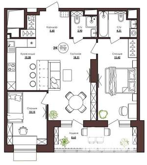 2-к квартира, вторичка, 71м2, 8/23 этаж