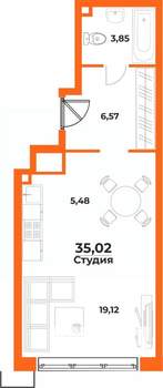 Студия квартира, строящийся дом, 35м2, 6/10 этаж