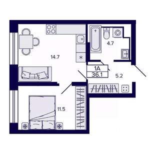 1-к квартира, строящийся дом, 36м2, 14/30 этаж