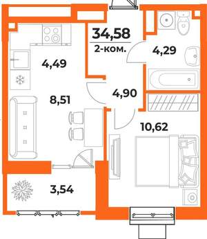 2-к квартира, вторичка, 35м2, 9/10 этаж