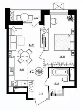 2-к квартира, строящийся дом, 45м2, 5/17 этаж