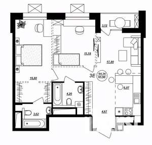 3-к квартира, строящийся дом, 66м2, 8/17 этаж
