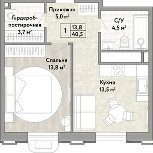 1-к квартира, вторичка, 40м2, 19/21 этаж