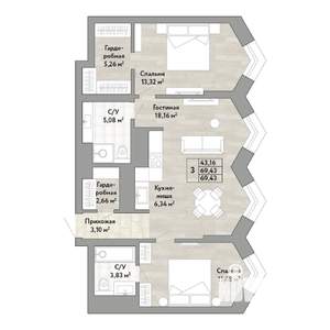 3-к квартира, вторичка, 69м2, 22/22 этаж