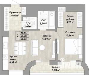 2-к квартира, вторичка, 53м2, 18/22 этаж