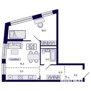 2-к квартира, строящийся дом, 55м2, 19/22 этаж