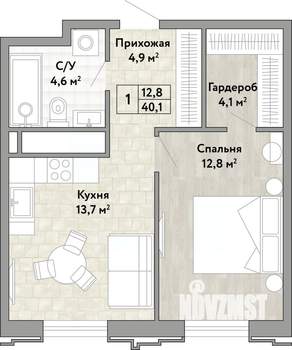 1-к квартира, вторичка, 40м2, 15/21 этаж