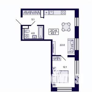 2-к квартира, строящийся дом, 43м2, 9/30 этаж