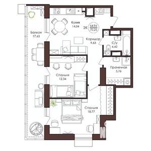 2-к квартира, вторичка, 70м2, 15/23 этаж