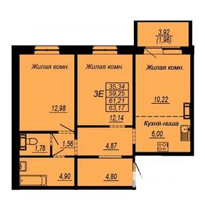 3-к квартира, строящийся дом, 61м2, 8/10 этаж