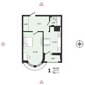 1-к квартира, вторичка, 51м2, 12/25 этаж